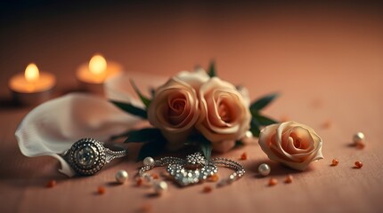 Naklejka premium Romantic Still Life: Roses, Jewelry, and Candlelight