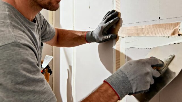 Medium shot of a worker skillfully applying paper joint tape to drywall seams highlighting precise taping technique with smooth edges and careful alignment.