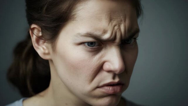 Angry woman frown with intense stare furrowed brow tense expression portrait furious young woman