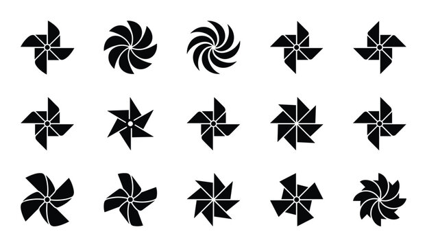 Paper pinwheel fan icons collection on transparent background black wind spinner toy silhouettes set