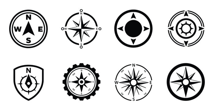 Navigation compass rose icons set with north south east and west cardinal directions on transparent