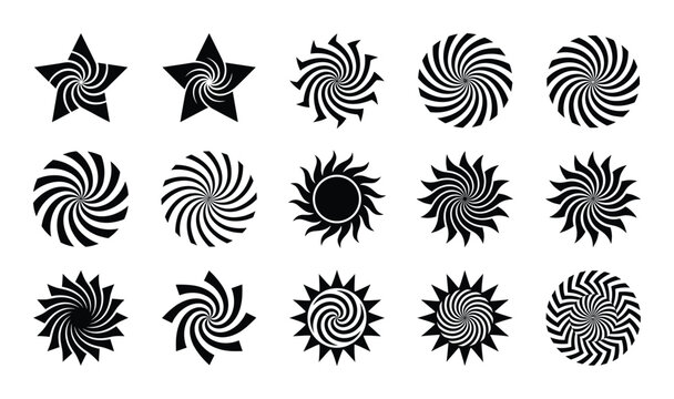 Set of abstract radial ornament design with simple black lines on transparent background