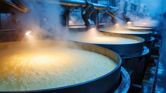 Dairy industry ghee production in large industrial kettles on blurred background 