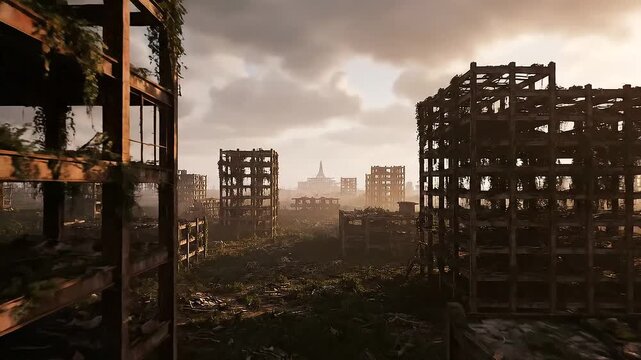 Abandoned Cityscape with Ruined Buildings and Cloudy Sky.