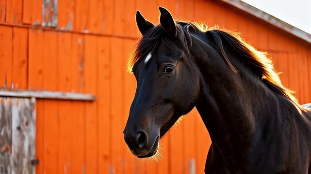 Black horse in front of orange barn