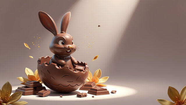  a cute, chocolate bunny with large ears, sitting inside a broken chocolate egg. The bunny has a happy expression.