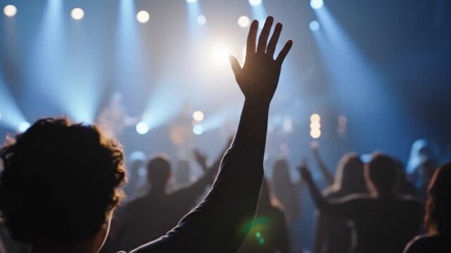 Close Up Silhouette of Person Raising Hands in Modern Christian Worship Night