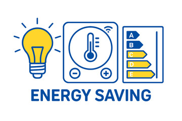 Energy Saving Concept with Light Bulb Thermostat and Energy Efficiency Chart.