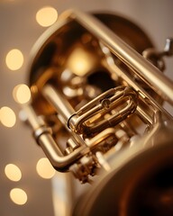 Naklejka premium Golden Trumpet Close Up with Warm Bokeh Light – Elegant Brass Musical Instrument for Jazz, Classical Concert and Orchestra Performance