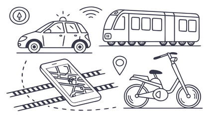 Naklejka premium Transportation Icons Car Train Scooter and Navigation App.