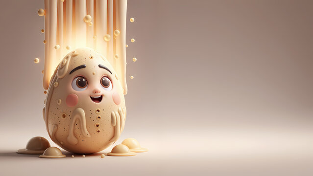 a smiling, anthropomorphic egg covered in dripping beige icing. The egg has large, expressive eyes, pink cheeks, and small eyebrows. Icing drips down from the top.