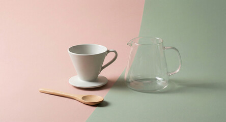 Minimal Coffee Brewing Set with Cup and Glass Server on Pastel Background