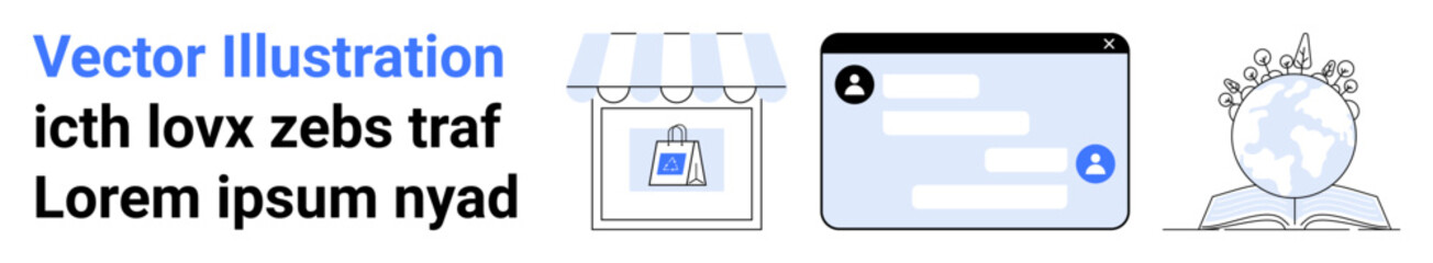 Fototapeta premium Ecommerce, messaging, global learning, digital communication, retail business, worldwide connectivity. Shopping bag and storefront, chat interface globe with books. Ecommerce and messaging concept