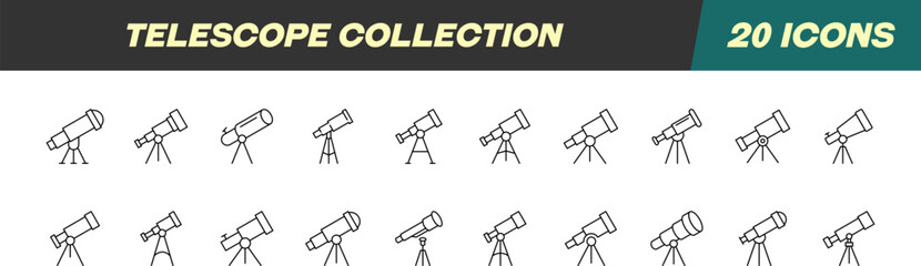 Line Signs of Telescope for Adverts. Suitable for books, stores, shops. Editable stroke in minimalistic outline style. Symbol for design © Dilia Almukhambetova
