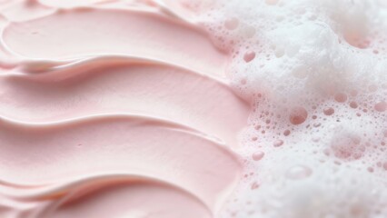 Obraz premium Close-up of smooth pink cream with delicate foam bubbles showcasing texture and softness.