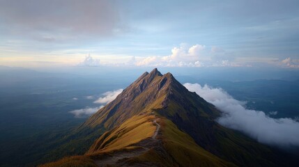 Fototapeta premium Breathtaking View of Majestic Mountain Peak Surrounded by Clouds and Lush Green Valley Under Clear Blue Sky During Sunrise