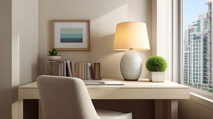 Fototapeta premium Bright and Modern Home Office with Elegant Lighting, Stylish Decor, Minimalist Desk, and View of Urban Landscape Through Panoramic Window