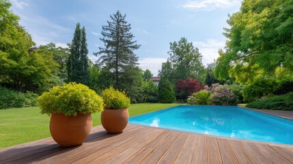 Tranquil Outdoor Pool Setting Surrounded by Lush Greenery and Vibrant Flowering Plants Under Clear Blue Sky