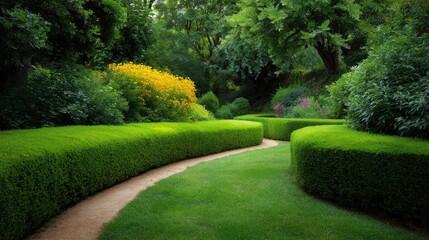 Fototapeta premium Serene Pathway Through Lush Garden with Well-Trimmed Shrubs and Vibrant Flowers in a Tranquil Natural Setting