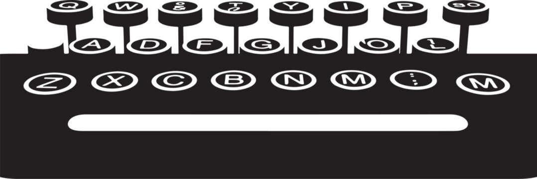 Vintage typewriter keyboard in minimalist black and white isolated on white background