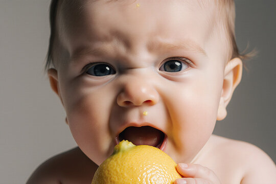 A close-up portrait captures a fair-skinned infant with blue eyes making a funny, scrunched-up face while biting directly into a whole, yellow lemon.