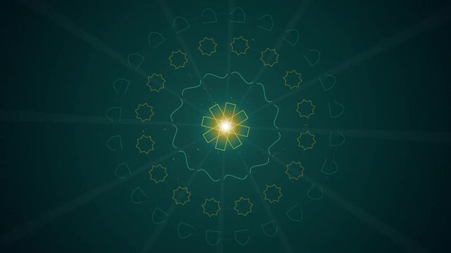 Rotating Islamic Mandala Geometric Pattern with Glowing Center on Dark Teal Background for Ramadan and Eid Celebrations