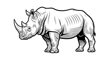 Obraz premium black white line drawing rhinoceros standing left facing sketch style