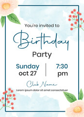 Watercolor Floral Birthday Party Invitation with Modern Typography