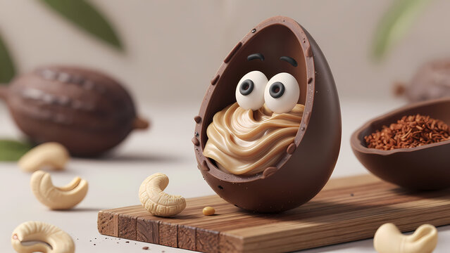 a chocolate egg with two white eyes peeking out, filled with swirled creamy chocolate. Surrounding objects include a whole chocolate-covered walnut.