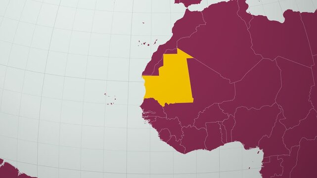 Mauritania map. Animated zoom into the country on the Globe in Pale Mint Dark Pink color palette. Country logo animation with round text and airplanes. Map with meridians, parallels. Vibrant video.