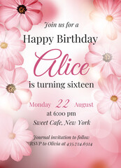 Soft Pink Floral Birthday Invitation Card with Elegant Typography