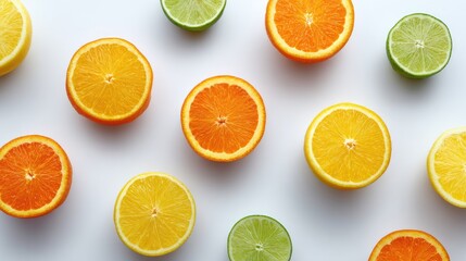 Fototapeta premium Freshly Sliced Citrus Fruits Including Oranges, Lemons, and Limes Arranged Aesthetically on a White Surface for Vibrant Food Photography