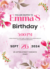 Pink Floral Birthday Invitation Card with Elegant Typography