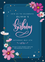 Elegant Floral Birthday Invitation with Handwritten Script on Dark Blue Background