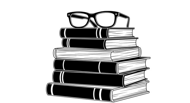 black and white stack of books with glasses resting on top