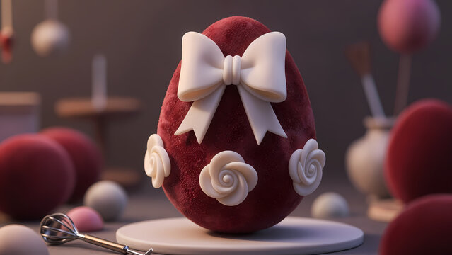  red egg-shaped cake with white bow and rose decorations, placed on white plate, surrounded by blurred red and white eggs, silver whisk in foreground, soft lighting.