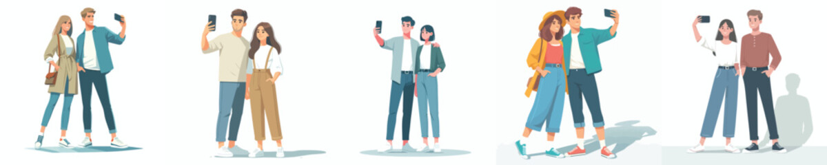 Fototapeta premium vector of couple standing selfie together on valentine's day