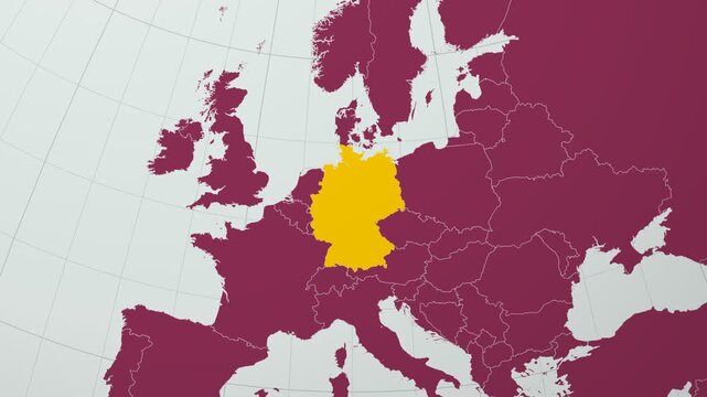 Germany map. Animated zoom into the country on the Globe in Pale Mint Dark Pink color palette. Country logo animation with round text and airplanes. Map with meridians, parallels. Stylish video.