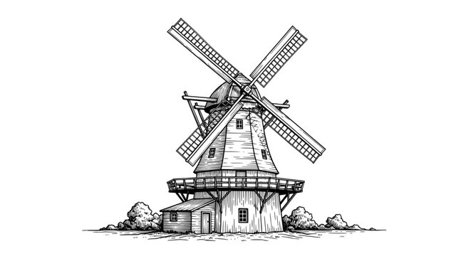 A black and white line drawing of a windmill on a small island