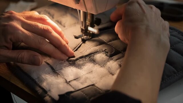 Closeup of skilled hands sewing box quilting patterns on insulated mitten layers ensuring even distribution of insulation within the outer fabric shell for warmth retention.