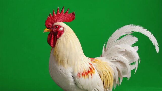 Vibrant white rooster with red comb standing proudly against green background