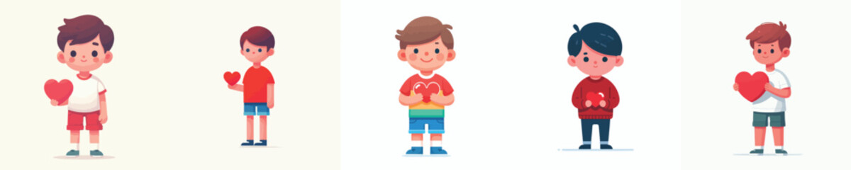 vector little boy standing holding red heart symbol © Siti