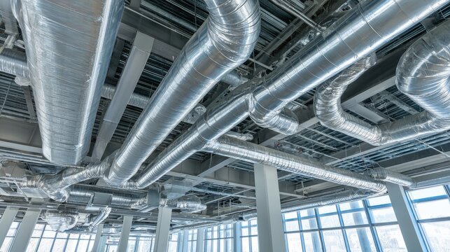 Numerous metallic ventilation conduits crisscross the exposed structural ceiling of a modern interior space.