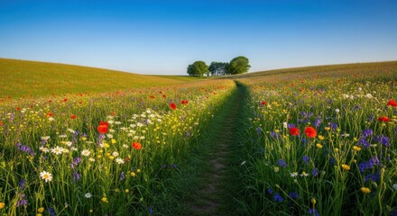 Colorful Wildflowers in Rolling Hills Landscape.