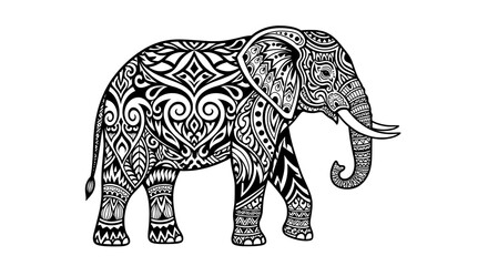 Ornate black and white line drawing of an elephant with intricate symmetrical patterns