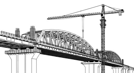 Fototapeta premium Black and white line drawing of a construction site with crane and bridge