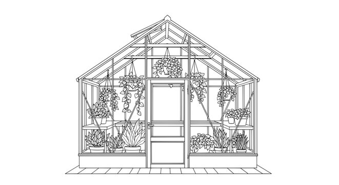 Black and white line drawing of a greenhouse with hanging potted plants