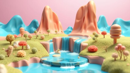 Dreamy Pastel Landscape with Abstract Mountains and Cascading Waterfalls in a 3D Render Style