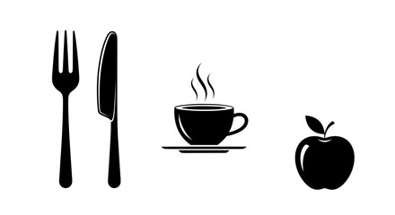 A black and white of a fork, knife, apple, and coffee cup