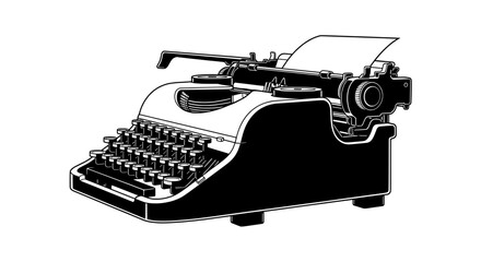 Side view of a vintage wooden typewriter with blank paper roll